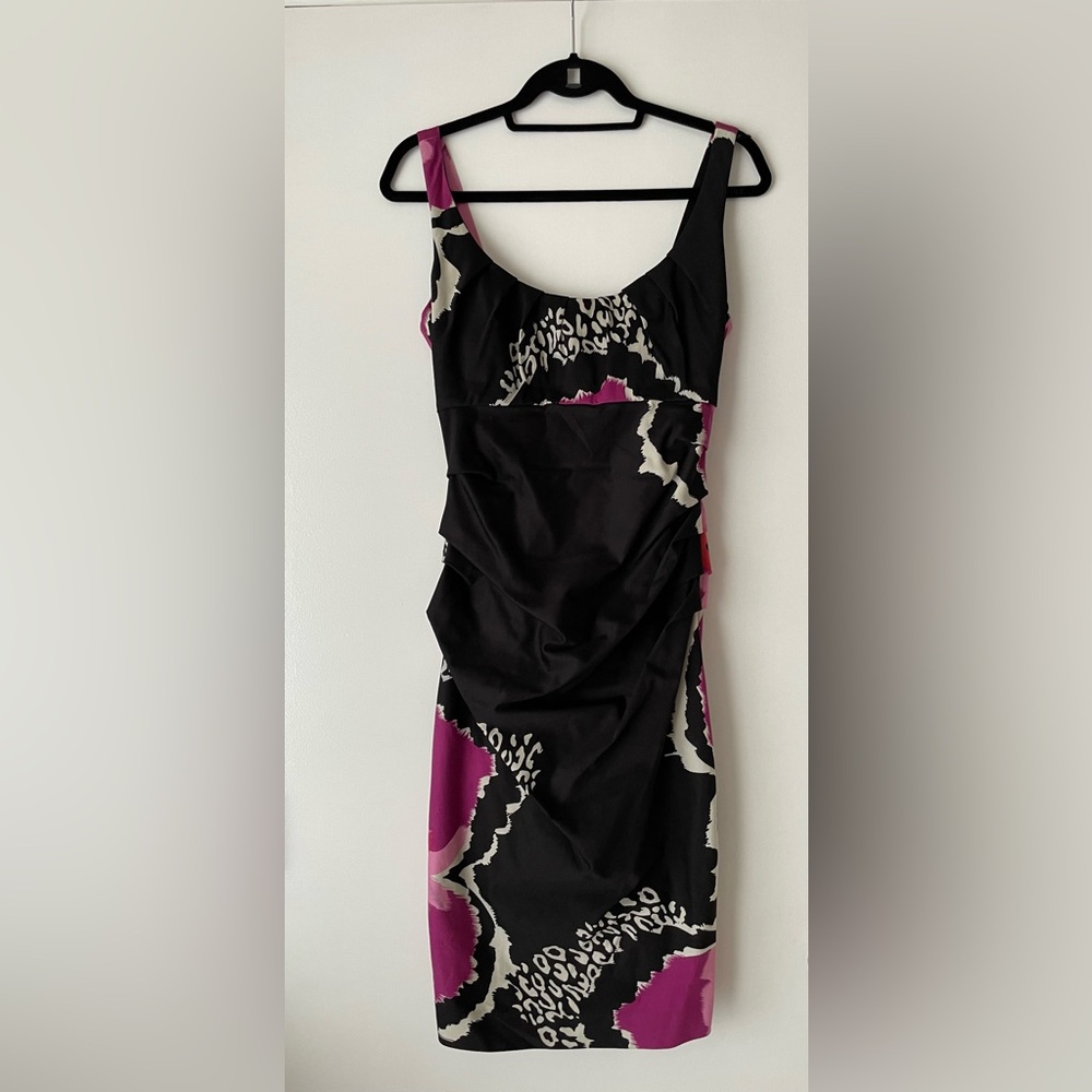 Suzi Chin for Maggy Boutique Black and Pink Ruched Cocktail Dress